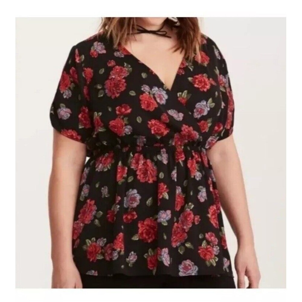 Torrid Rose Print Surplice Cinched Waist Top Blouse Red Black Size 2/US 2X NWT's